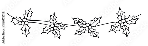 Decorative black and white line art holly berry garland string for festive winter holiday event embellishment and seasonal greeting decoration