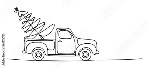 Single continuous line style depicting a classic pickup truck carrying a large Christmas tree, suitable for seasonal greeting messages and holiday marketing campaigns.