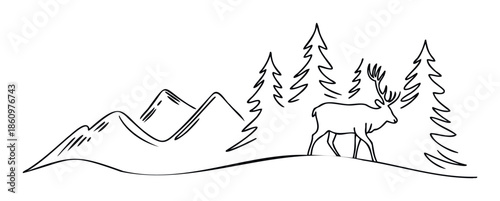 Simple black line drawing of a majestic deer with antlers walking in a wilderness mountain forest scene with evergreen trees, perfect for rustic outdoor themed branding or apparel