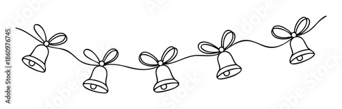 Festive holiday garland featuring five simple line drawn bells adorned with decorative bows, ideal for winter celebrations, event banners, and seasonal promotions.
