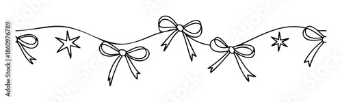 Hand drawn outline of a cheerful festive garland featuring elegantly tied bows and shining stars ideal for embellishing invitations, greeting cards, and party decorations.