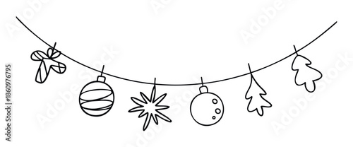 Minimalist black line holiday garland featuring various Christmas ornaments like balls, a star, and a bow, ideal for simple festive event invitations or seasonal web graphic projects