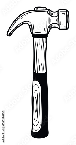 Classic hand drawn claw hammer tool for building and carpentry work essential for construction and home improvement projects and useful for DIY concepts