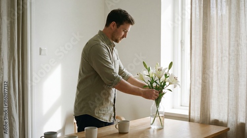A man arranges lilies in a ...