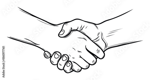 Two hands performing a firm handshake in a striking black and white line drawing, representing a powerful symbol of agreement, collaboration, and mutual understanding for various