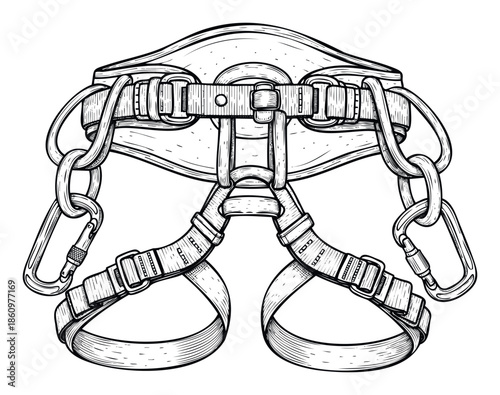 Essential rock climbing harness and carabiners for adventure sports and extreme outdoor activities, perfect for gear shops and safety training materials.