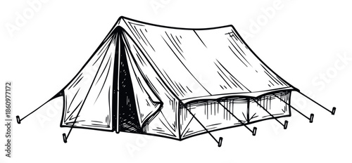 Detailed black and white sketch of a classic camping tent perfect for outdoor adventure themed graphics or wilderness activity brochures and travel guides
