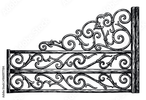 Decorative wrought iron gate or fence section with elaborate scrollwork and classic flourishes, suitable for architectural embellishment, historical themes, or elegant home decor projects.
