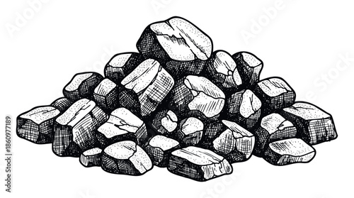 Rough pile of black coal chunks depicted in a traditional engraving technique ideal for use in power industry presentations, geology educational content, or resource extraction marketing