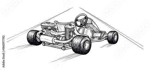 A detailed monochrome gokart sketch featuring its engine, steering wheel, and large tires, perfect for sport event promotions, racing enthusiast publications, or automotive hobby