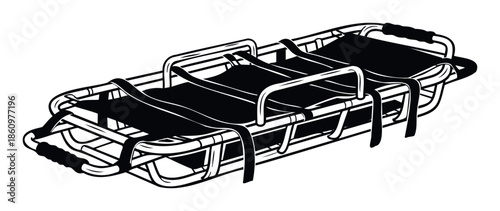 A professional medical rescue stretcher with securing straps and durable handles essential for emergency transport and patient recovery operations.