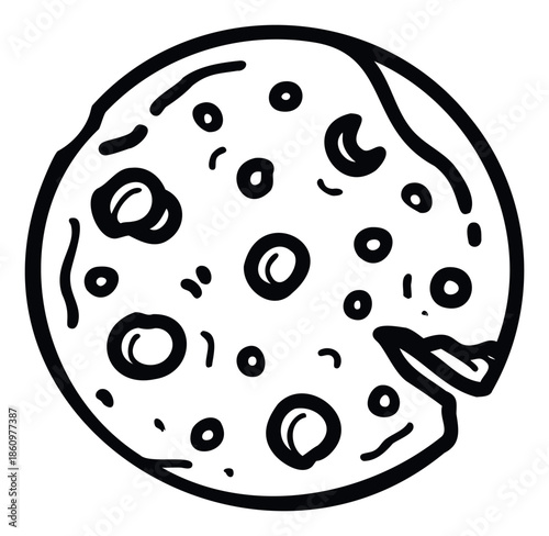 Black outline drawing of a delicious round chocolate chip cookie with a bite taken out, perfect for dessert menus, bakery advertisements, snack packaging, or sweet treat promotions.