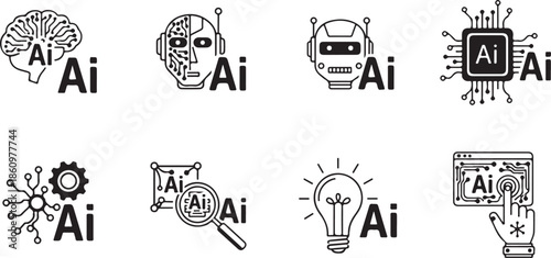 A collection of black and white illustrations representing artificial intelligence concepts