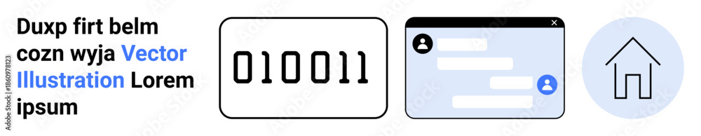 Fototapeta premium Digital systems, data exchange, user interface design, internet communication, online services, technology concepts. Binary code, chat window and house icon in a minimalist style. Digital systems