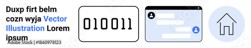 Digital systems, data exchange, user interface design, internet communication, online services, technology concepts. Binary code, chat window and house icon in a minimalist style. Digital systems