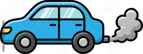 A blue car emitting smoke from the exhaust pipe on a