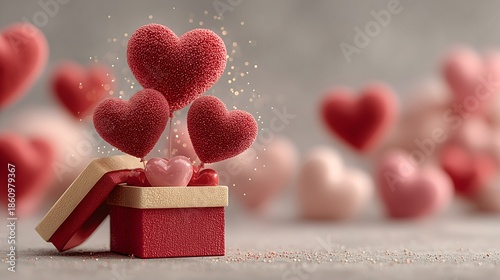 Gift box opens to reveal hearts for Valentine's Day celebration in a cozy setting