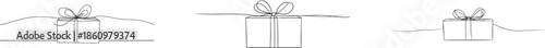In simple linear style, a modern illustration in doodle style showcases a continuous line drawing of a birthday gift box, replete with a ribbon and bow, representing a festive present and wrapped