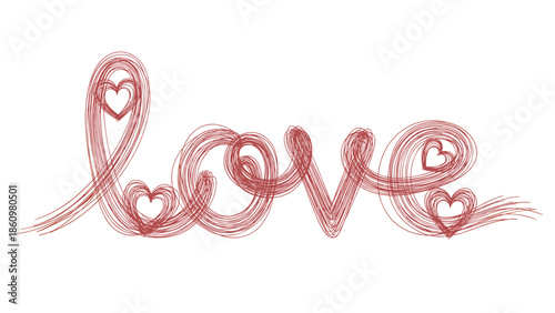 Artistic and elegant love text design with intricate red line patterns and multiple small hearts on a white background.