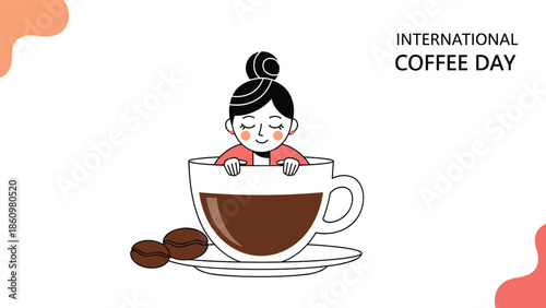 Cute illustration for International Coffee Day shows a happy woman relaxing inside a giant cup of hot coffee with beans.