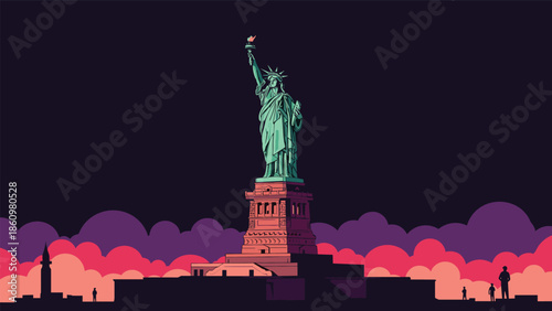 Majestic Statue of Liberty stands tall in New York City against a dramatic colorful sunset sky with clouds and silhouettes.