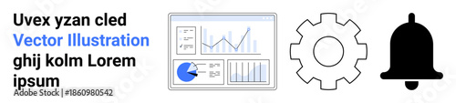 Infographic-style dashboard showing charts and graphs, accompanied by a gear for settings and a notification bell. Ideal for data reporting, analytics tools, settings, notifications, business