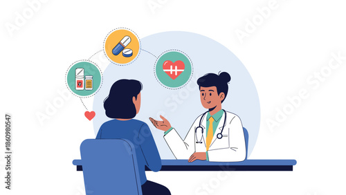 Professional doctor in a white coat consults with a female patient about heart health medications and wellness tips.