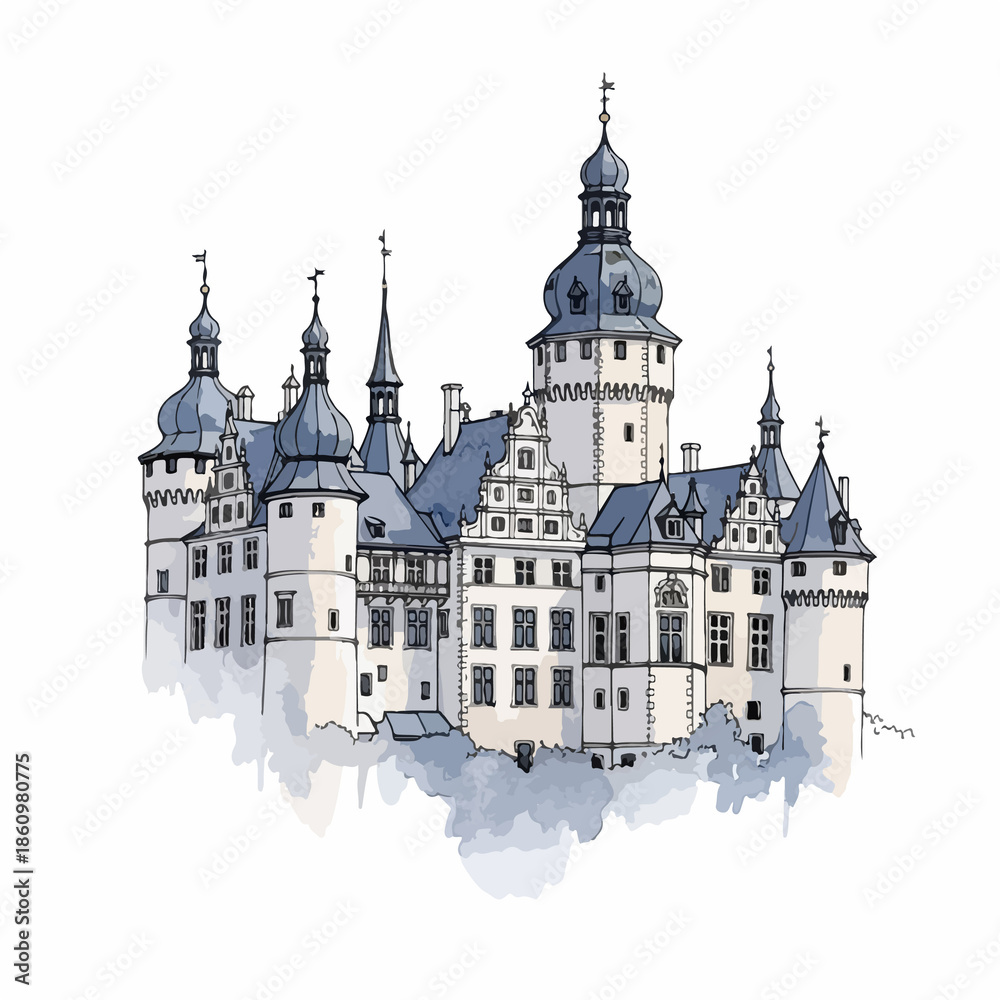 Obraz premium Watercolor Illustration of a Fairytale Medieval Castle with Blue Domes and Towers Isolated on White Background