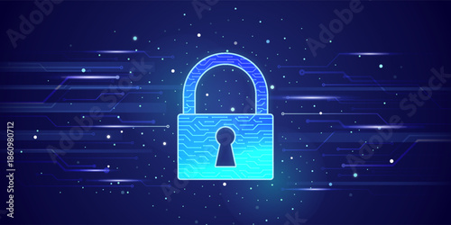 Padlock With Keyhole icon in personal data security Illustrates cyber data or information privacy idea. blue color abstract hi speed internet technology.