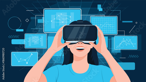 Happy young woman wears a virtual reality headset and looks at various colorful data charts in a futuristic interface.