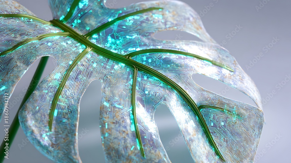 custom made wallpaper toronto digitalTech Nature Fusion Monstera Leaf Vein With Glowing Fiber Optic Circuitry