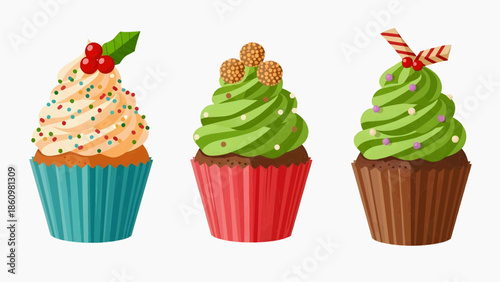 Flat vector illustration of three colorful cupcakes with festive filling and decor 