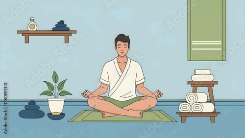Flat vector illustration of a man meditating in a wellness spa center among plants and towels