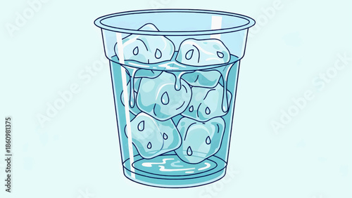 Flat vector illustration of melting ice in a plastic cup on a light blue background