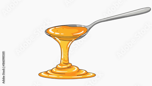 Flat vector illustration of honey dripping from a silver spoon on a white background