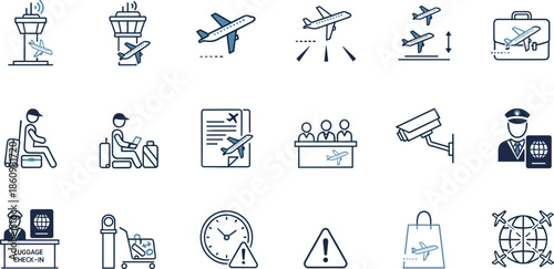 Airport travel aviation icons set, airplane departure arrival symbols, passenger check in security, flight schedule boarding, global tourism transportation illustration collection