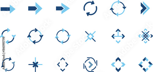 Arrow direction movement icons set, circular progress rotation symbols, navigation pointer sign collection, forward motion guidance UI infographic illustration design elements