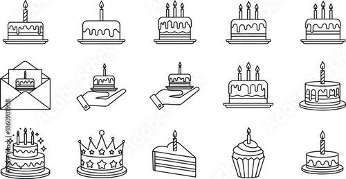 birthday cake icon set, celebration dessert, party cupcake outline, anniversary sweet symbols, birthday candles decoration, greeting invitation, festive bakery vector collection
