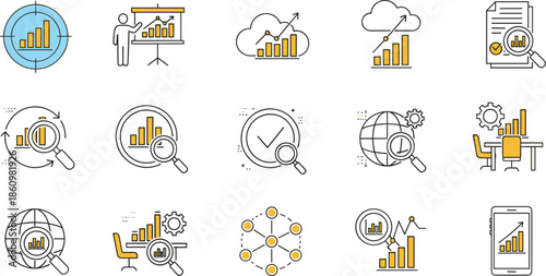 Business analytics growth icon set, data analysis, statistics, performance report, cloud analytics, global monitoring, mobile insight symbols for marketing and finance success solutions worldwide