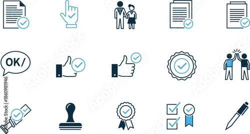 Business approval and certification icons set, checklist and document validation symbols, quality guarantee stamp, teamwork success illustration, corporate trust concept professional collection
