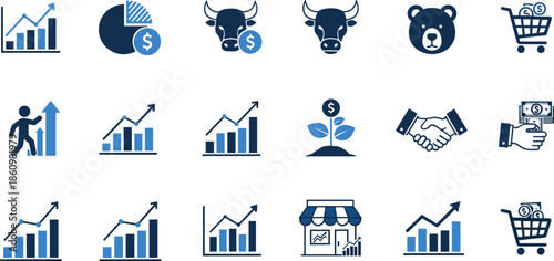 Business finance icons, stock market growth symbols, bullish and bearish trends, investment profit charts, sales analytics, money success, economic progress illustration