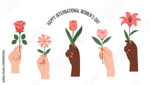 Diverse hands holding flowers in celebration of International Women's Day