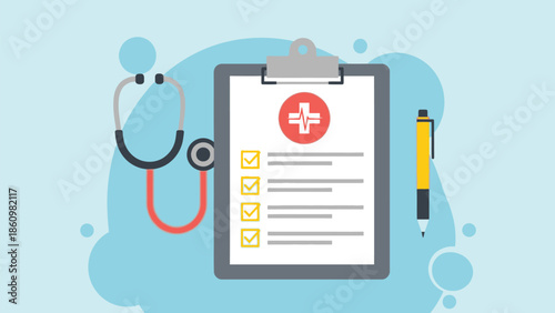 Medical Examination Result Clipboard with Stethoscope and Pen Flat Illustration on Blue