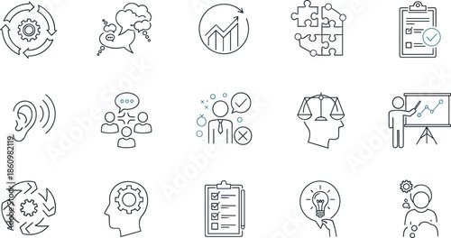 business management line icons set, problem solving, leadership, communication, planning, analytics, 
