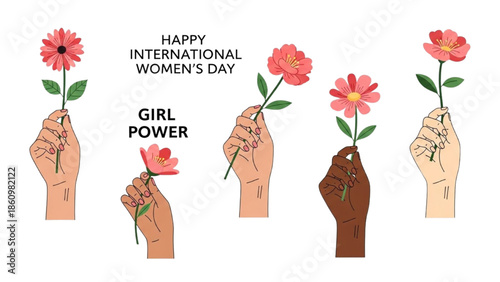 Celebrating International Women's Day with diverse hands holding flowers symbolizing girl power and empowerment