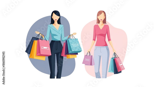 Two women holding shopping bags standing together in a modern setting