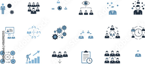 Business leadership management icons set, team organization communication symbols, human resources workflow, corporate teamwork strategy planning, productivity growth success illustration collection