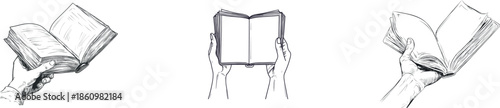 An isolated image on a white background showcases a hand-drawn doodle created from one continuous line, featuring a hand that holds a magazine, book, or a piece of paper