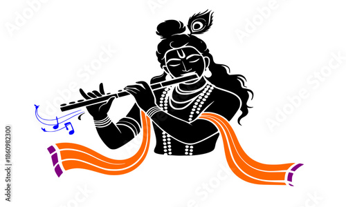 Black Silhouette of Lord Krishna Playing Flute with Peacock Feather Crown and Flowing Scarf, Traditional Hindu God Divine Musician Pose, Colorful Accent Vector Illustration