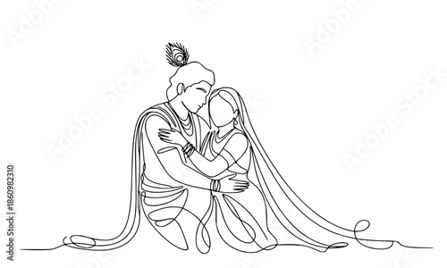 Continuous One Line Drawing of Radha Krishna, Minimalist Divine Couple Hugging Vector Art, Modern Spiritual Line Illustration, Hindu Mythology Abstract Sketch, Romantic Religious Aesthetic Design